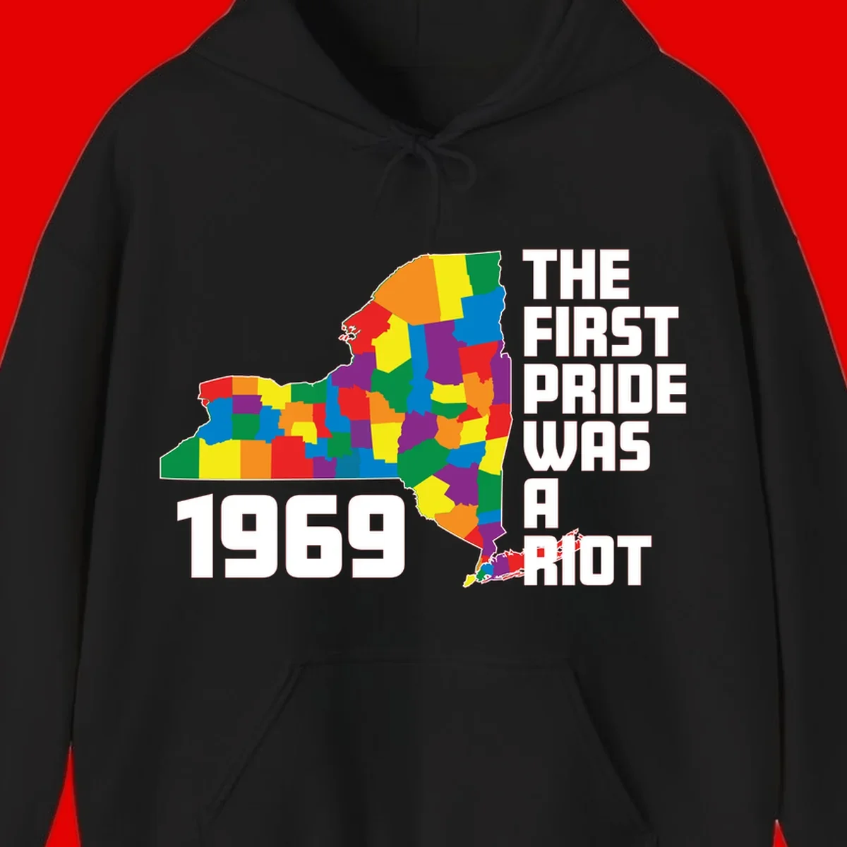 Colorful New York state map with rainbow-filled counties honoring the first pride riot of 1969