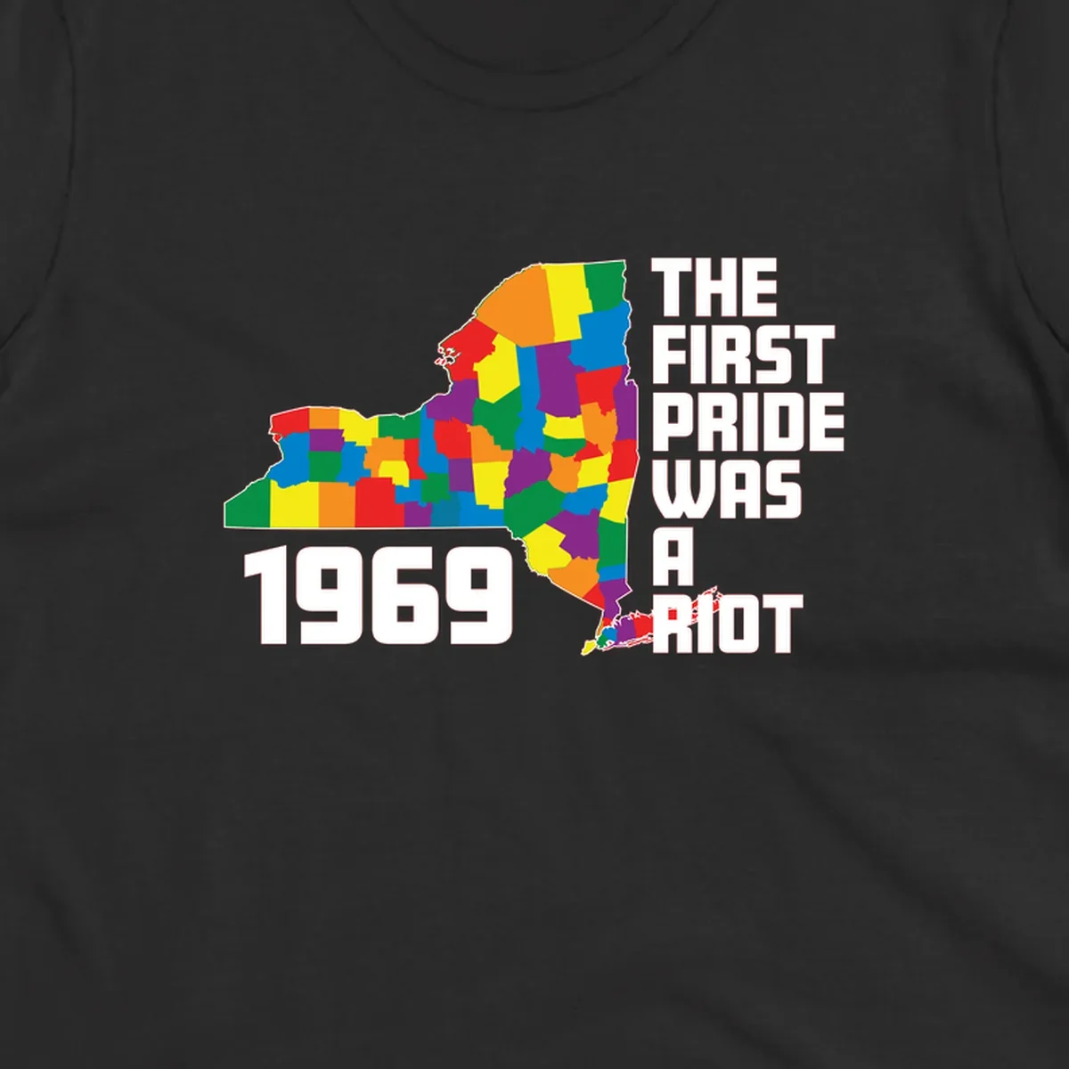 Colorful New York state map with rainbow-filled counties honoring the first pride riot of 1969
