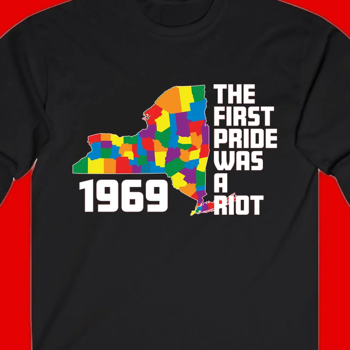 Colorful New York state map with rainbow-filled counties honoring the first pride riot of 1969