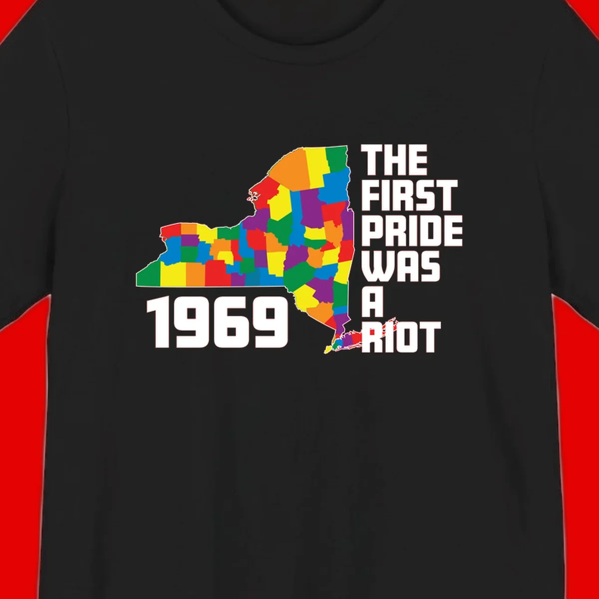 Colorful New York state map with rainbow-filled counties honoring the first pride riot of 1969