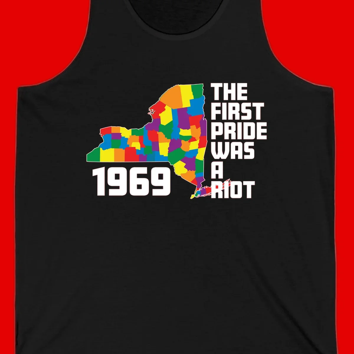 Colorful New York state map with rainbow-filled counties honoring the first pride riot of 1969