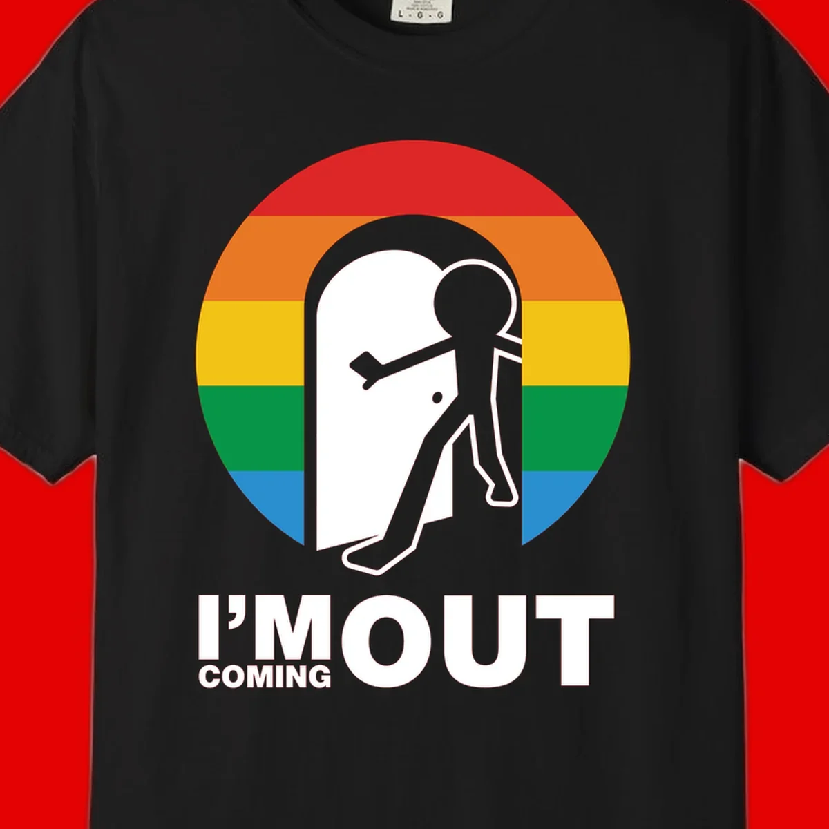 Stick figure pushing open white door with rainbow circle background and 'I'm Out Coming Out' text celebrating LGBTQ+ pride