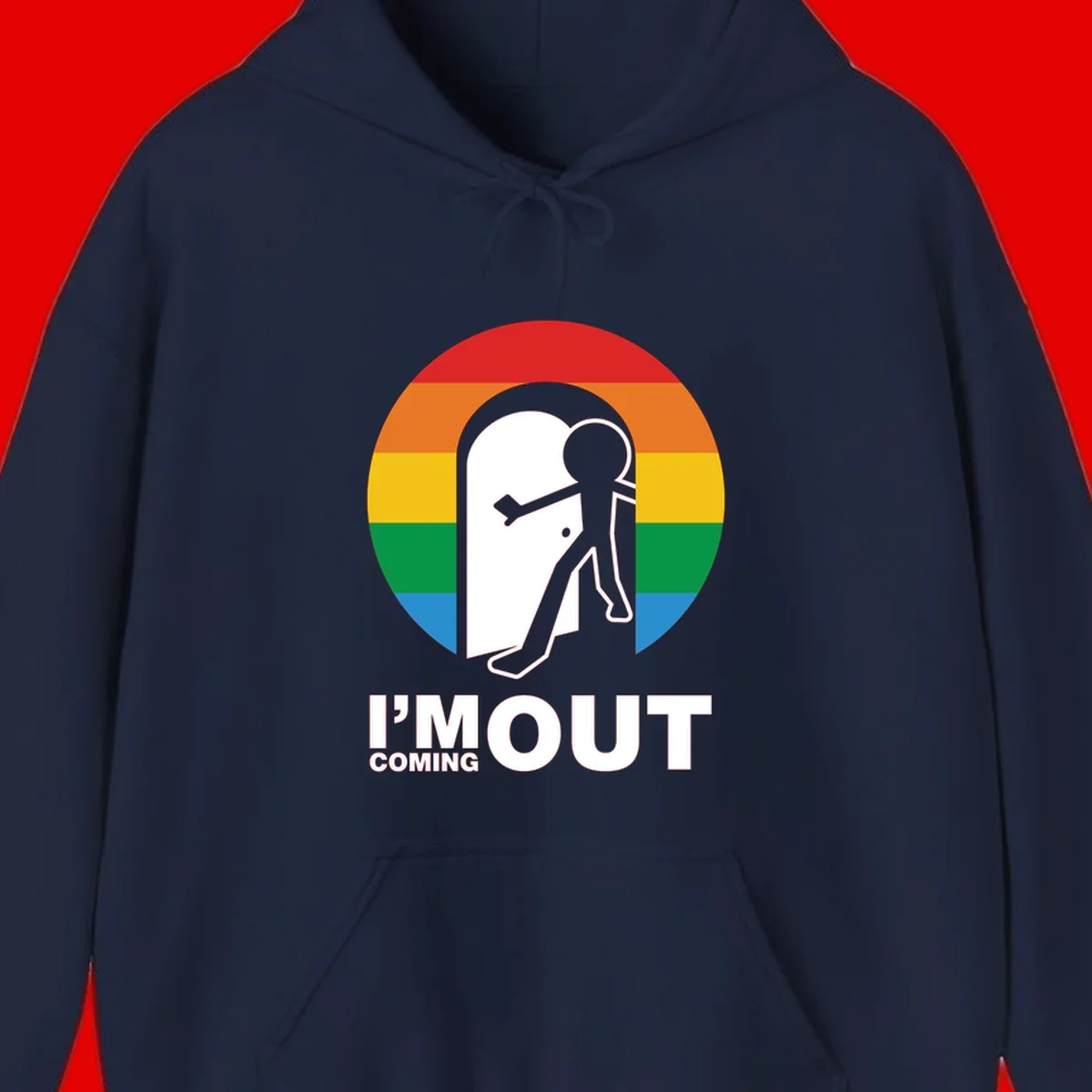 Stick figure pushing open white door with rainbow circle background and 'I'm Out Coming Out' text celebrating LGBTQ+ pride
