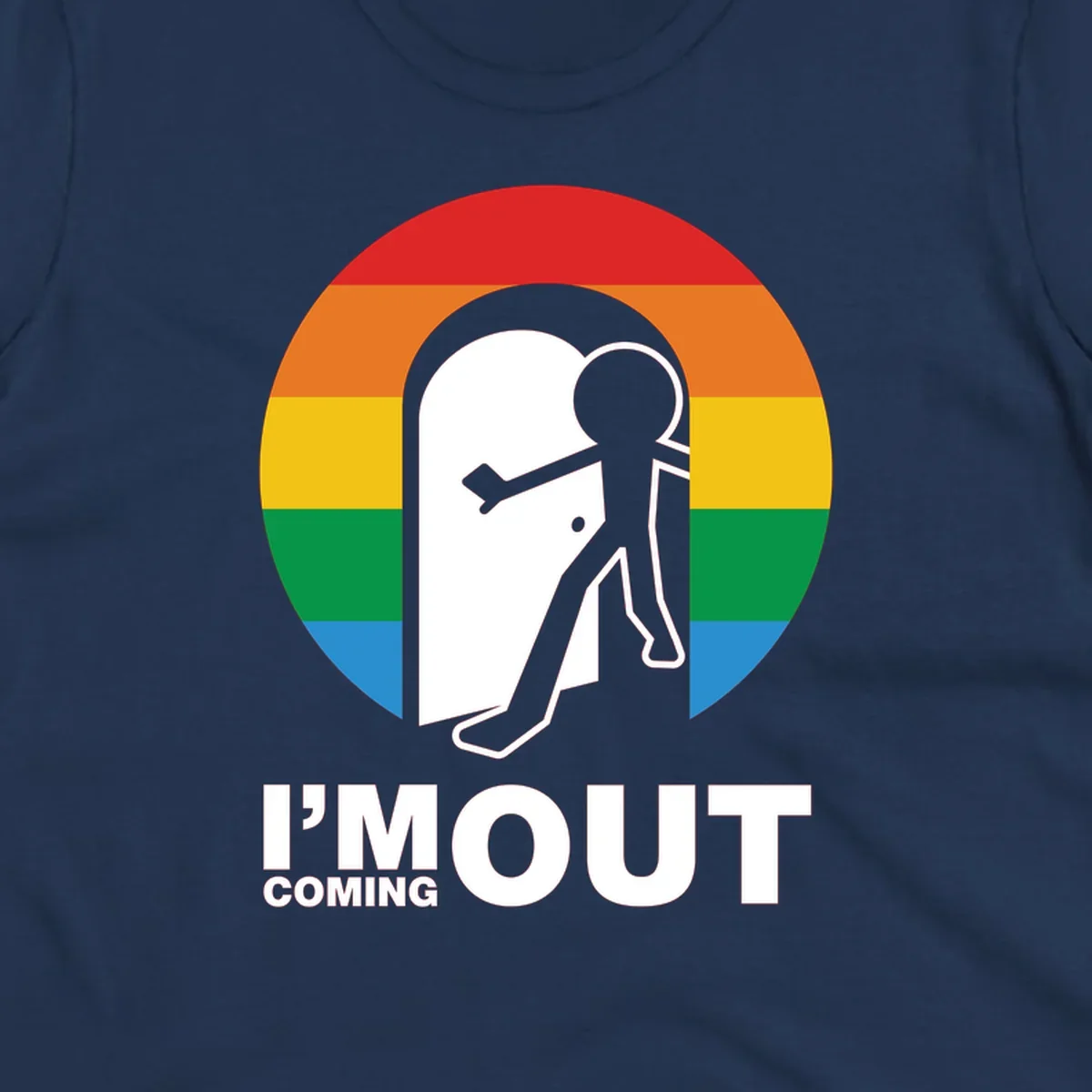 Stick figure pushing open white door with rainbow circle background and 'I'm Out Coming Out' text celebrating LGBTQ+ pride