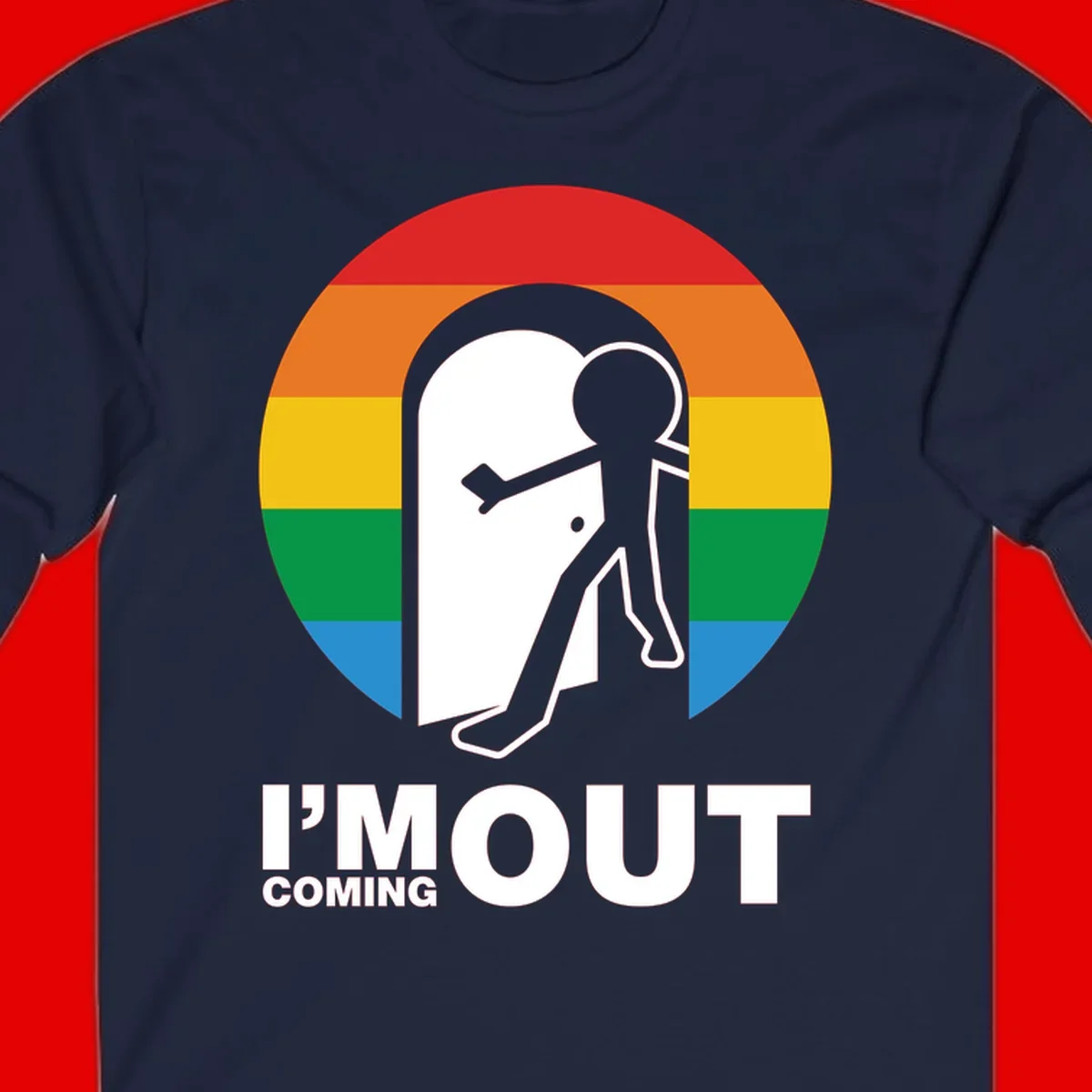 Stick figure pushing open white door with rainbow circle background and 'I'm Out Coming Out' text celebrating LGBTQ+ pride