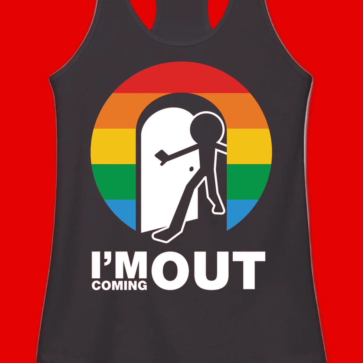 Stick figure pushing open white door with rainbow circle background and 'I'm Out Coming Out' text celebrating LGBTQ+ pride
