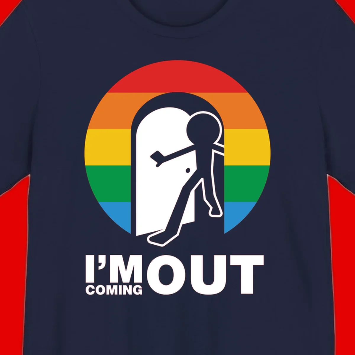 Stick figure pushing open white door with rainbow circle background and 'I'm Out Coming Out' text celebrating LGBTQ+ pride