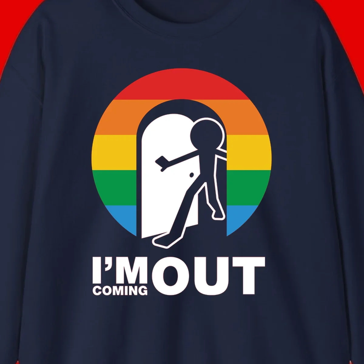 Stick figure pushing open white door with rainbow circle background and 'I'm Out Coming Out' text celebrating LGBTQ+ pride