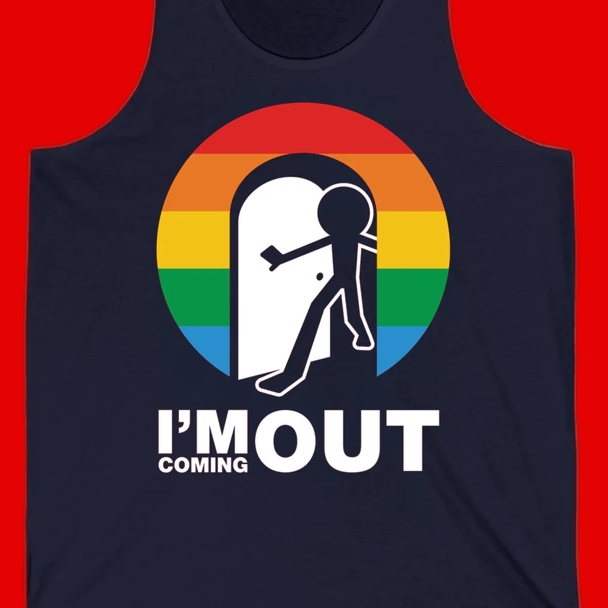 Stick figure pushing open white door with rainbow circle background and 'I'm Out Coming Out' text celebrating LGBTQ+ pride