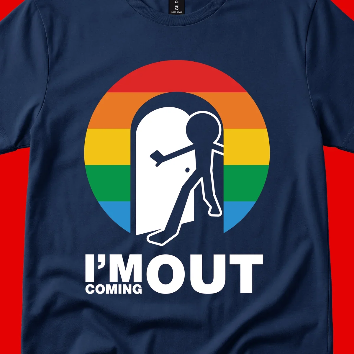 Stick figure pushing open white door with rainbow circle background and 'I'm Out Coming Out' text celebrating LGBTQ+ pride