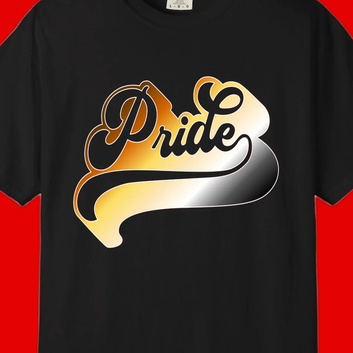 Pride script gradient design with elegant gray lettering on warm orange-to-cream flowing ribbon background