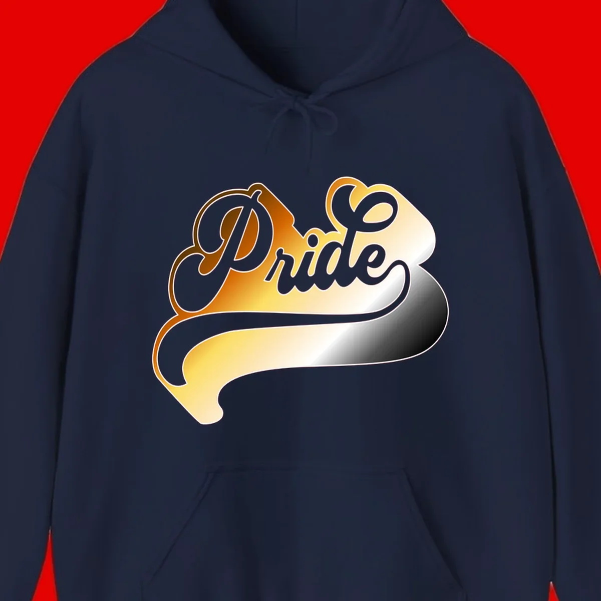 Pride script gradient design with elegant gray lettering on warm orange-to-cream flowing ribbon background