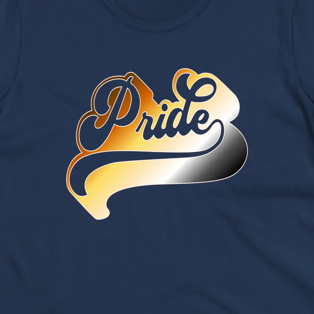 Pride script gradient design with elegant gray lettering on warm orange-to-cream flowing ribbon background