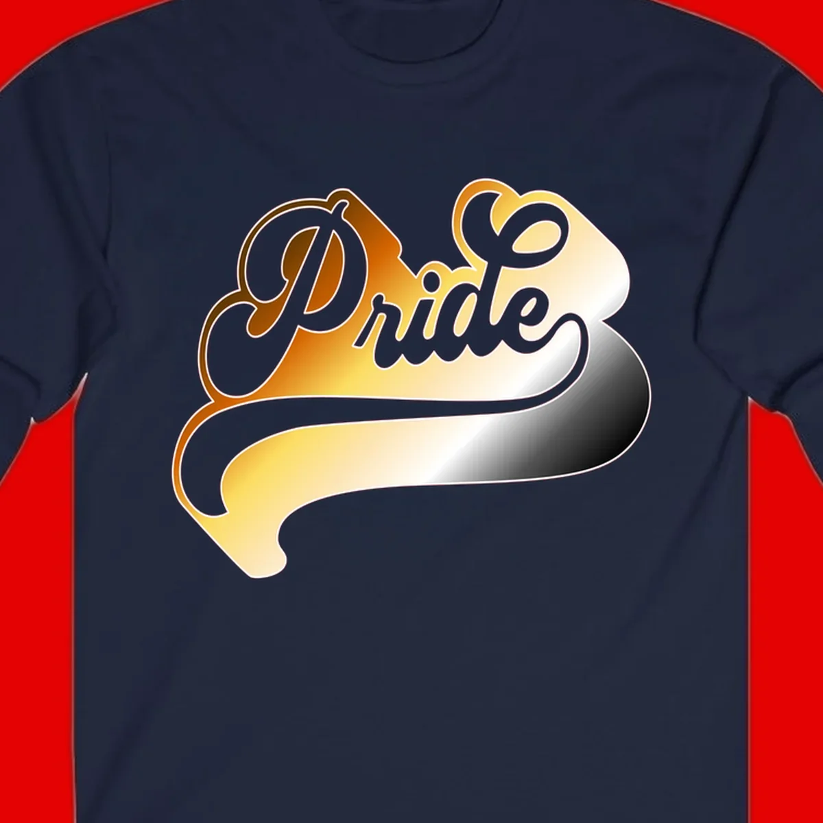 Pride script gradient design with elegant gray lettering on warm orange-to-cream flowing ribbon background