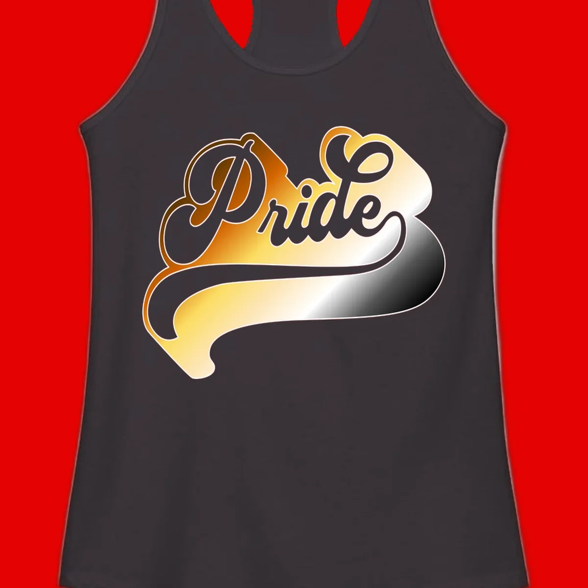 Pride script gradient design with elegant gray lettering on warm orange-to-cream flowing ribbon background