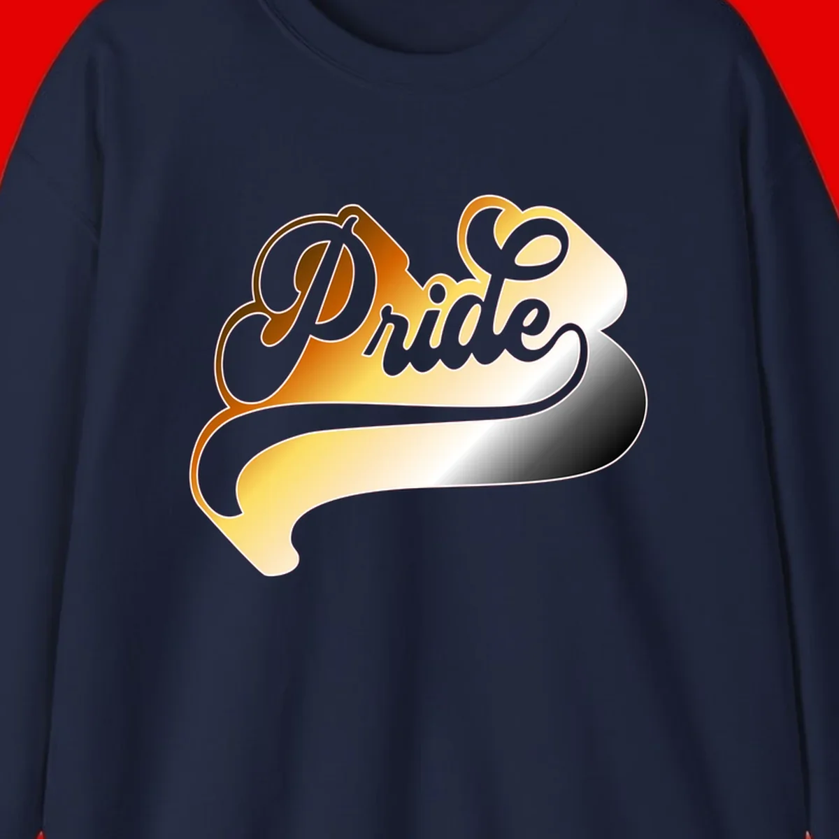Pride script gradient design with elegant gray lettering on warm orange-to-cream flowing ribbon background