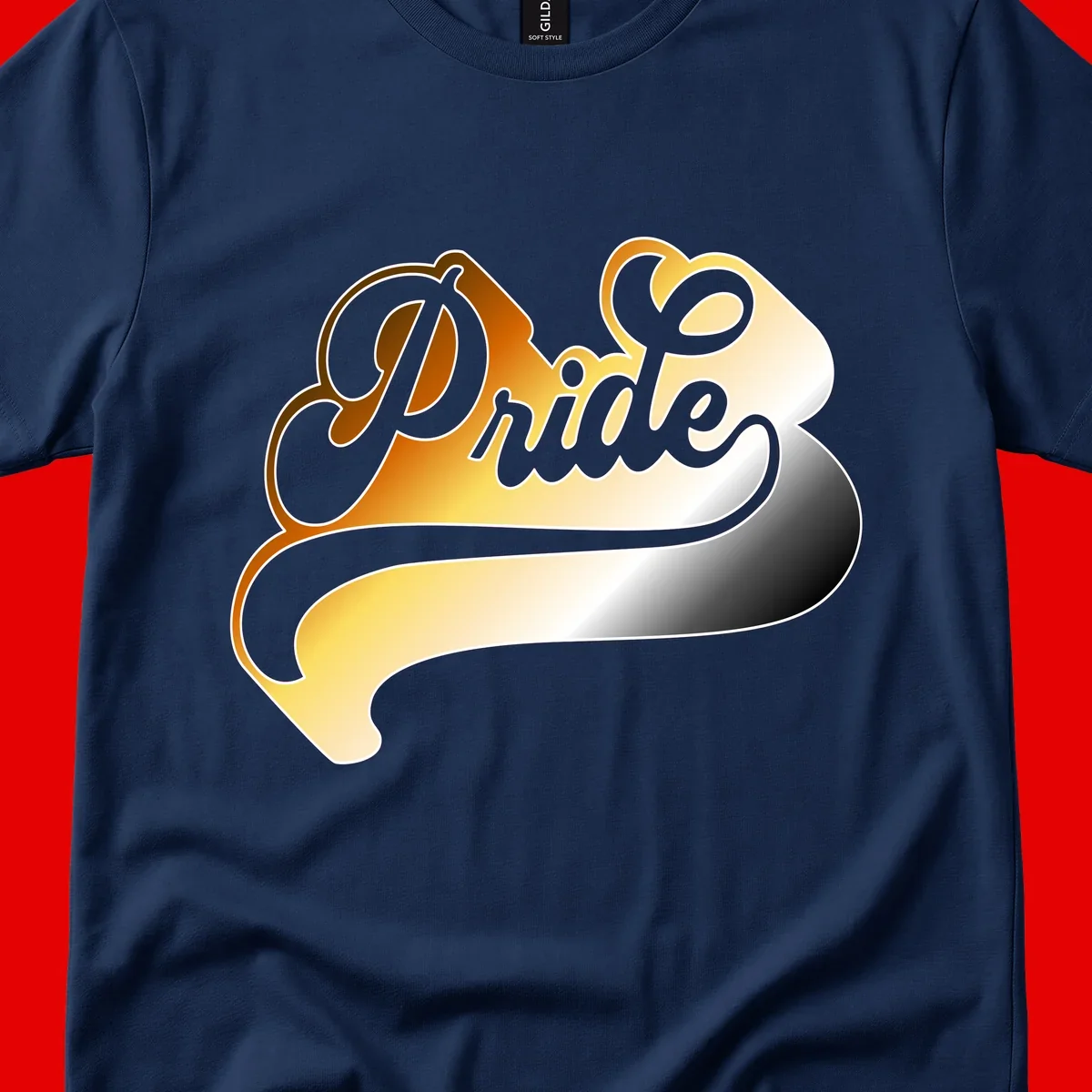 Pride script gradient design with elegant gray lettering on warm orange-to-cream flowing ribbon background