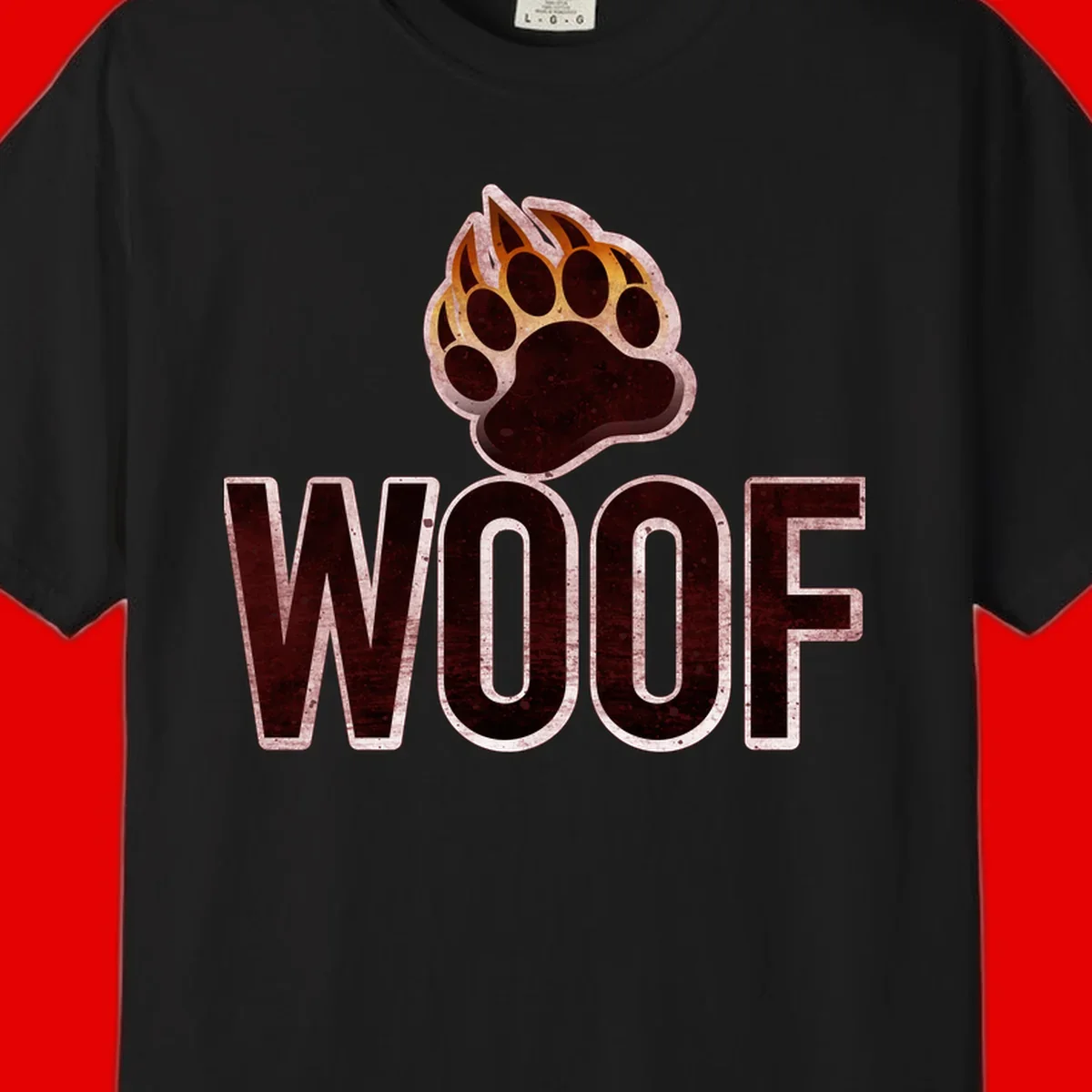 Woof paw print fire design: large paw with orange and gold flame claws above distressed 'WOOF' text