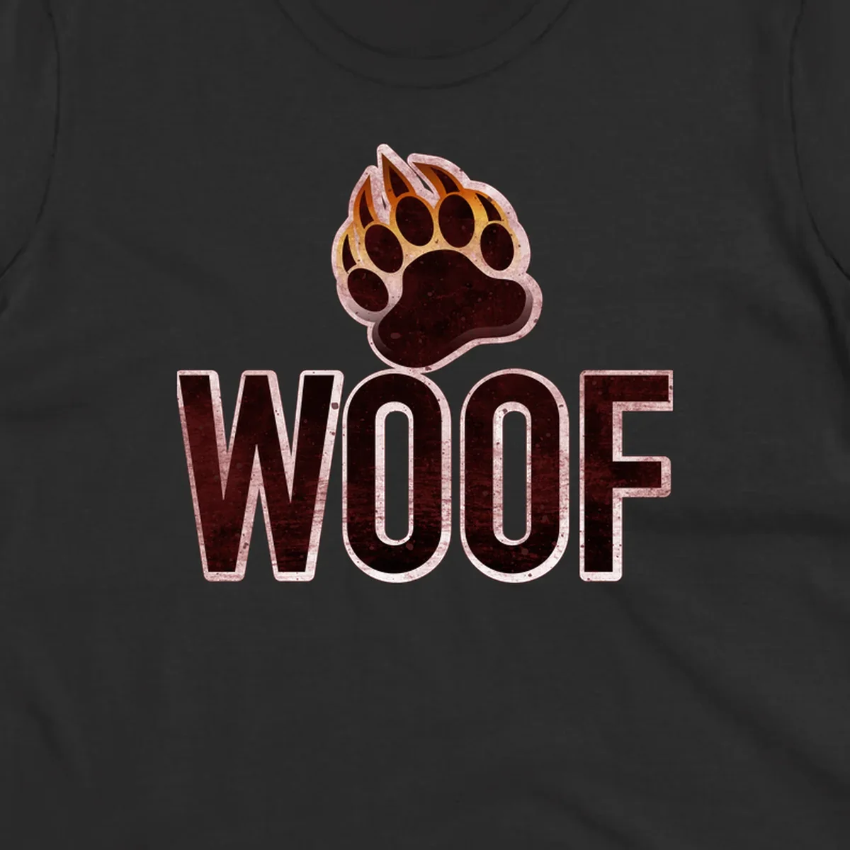 Woof paw print fire design: large paw with orange and gold flame claws above distressed 'WOOF' text