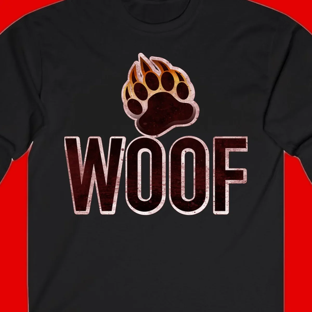 Woof paw print fire design: large paw with orange and gold flame claws above distressed 'WOOF' text