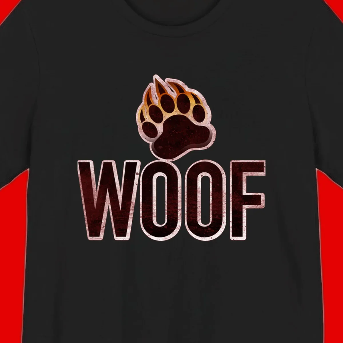 Woof paw print fire design: large paw with orange and gold flame claws above distressed 'WOOF' text