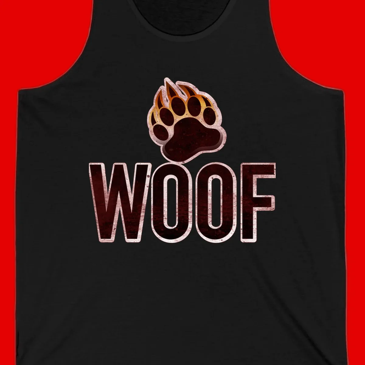 Woof paw print fire design: large paw with orange and gold flame claws above distressed 'WOOF' text