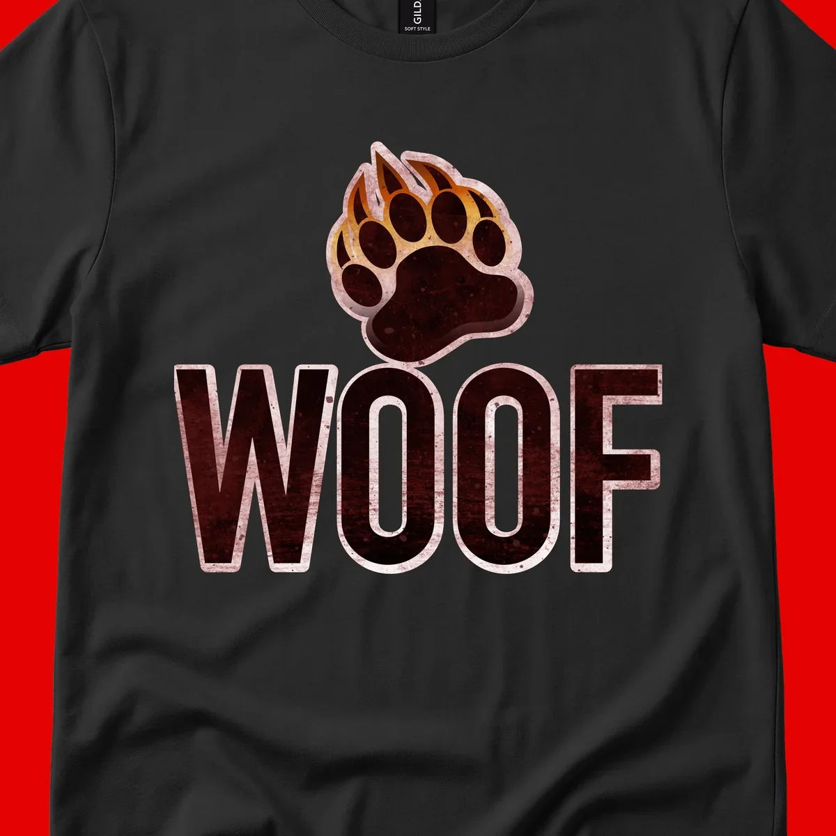 Woof paw print fire design: large paw with orange and gold flame claws above distressed 'WOOF' text