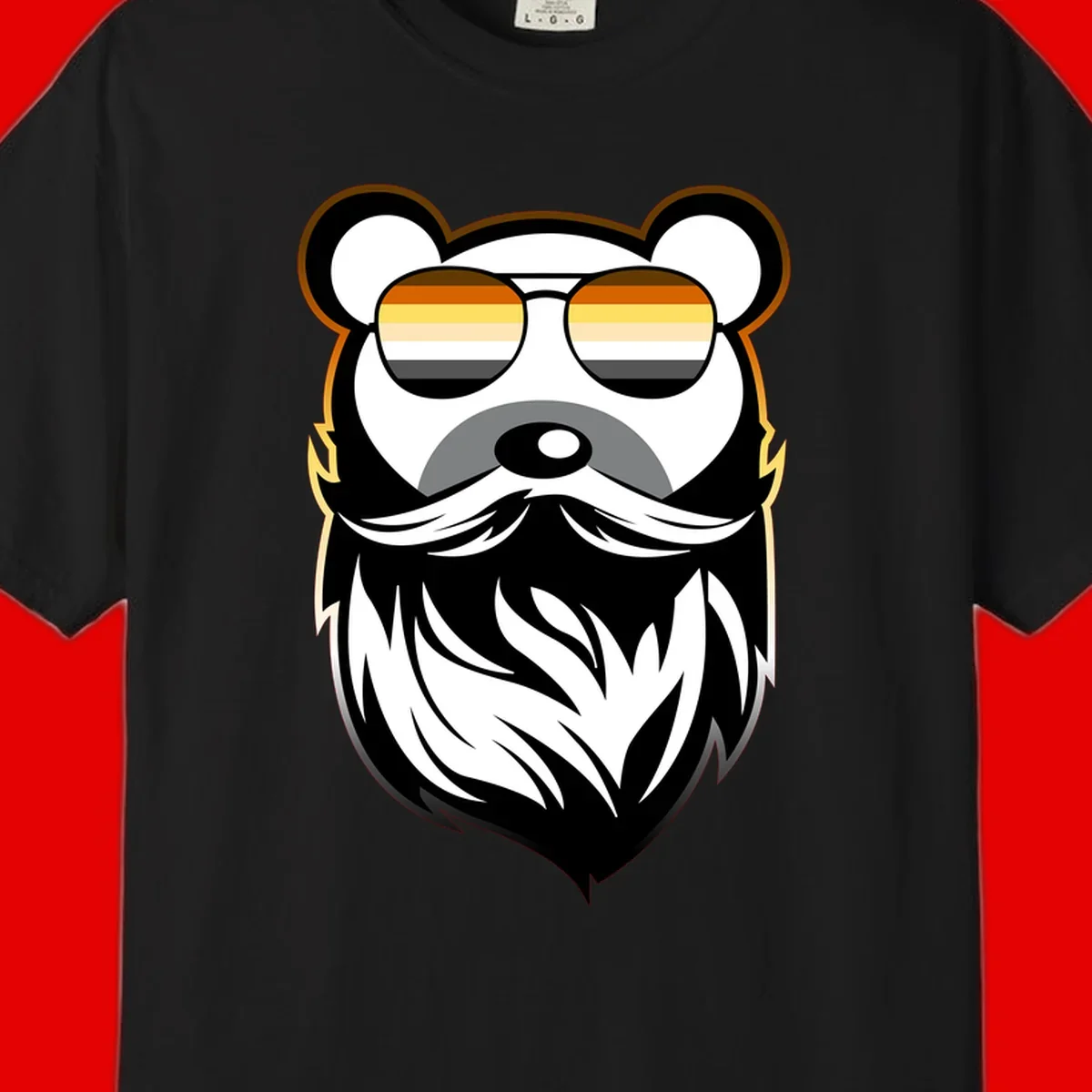 Bear pride sunglasses illustration: a bearded bear character wearing oversized shades filled with pride flag rainbow stripes