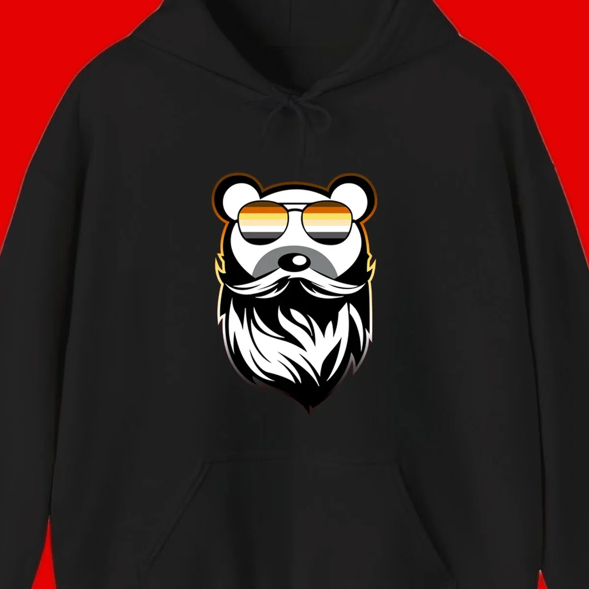 Bear pride sunglasses illustration: a bearded bear character wearing oversized shades filled with pride flag rainbow stripes