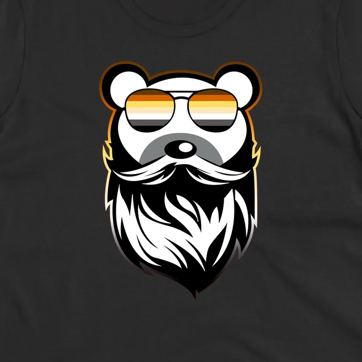 Bear pride sunglasses illustration: a bearded bear character wearing oversized shades filled with pride flag rainbow stripes