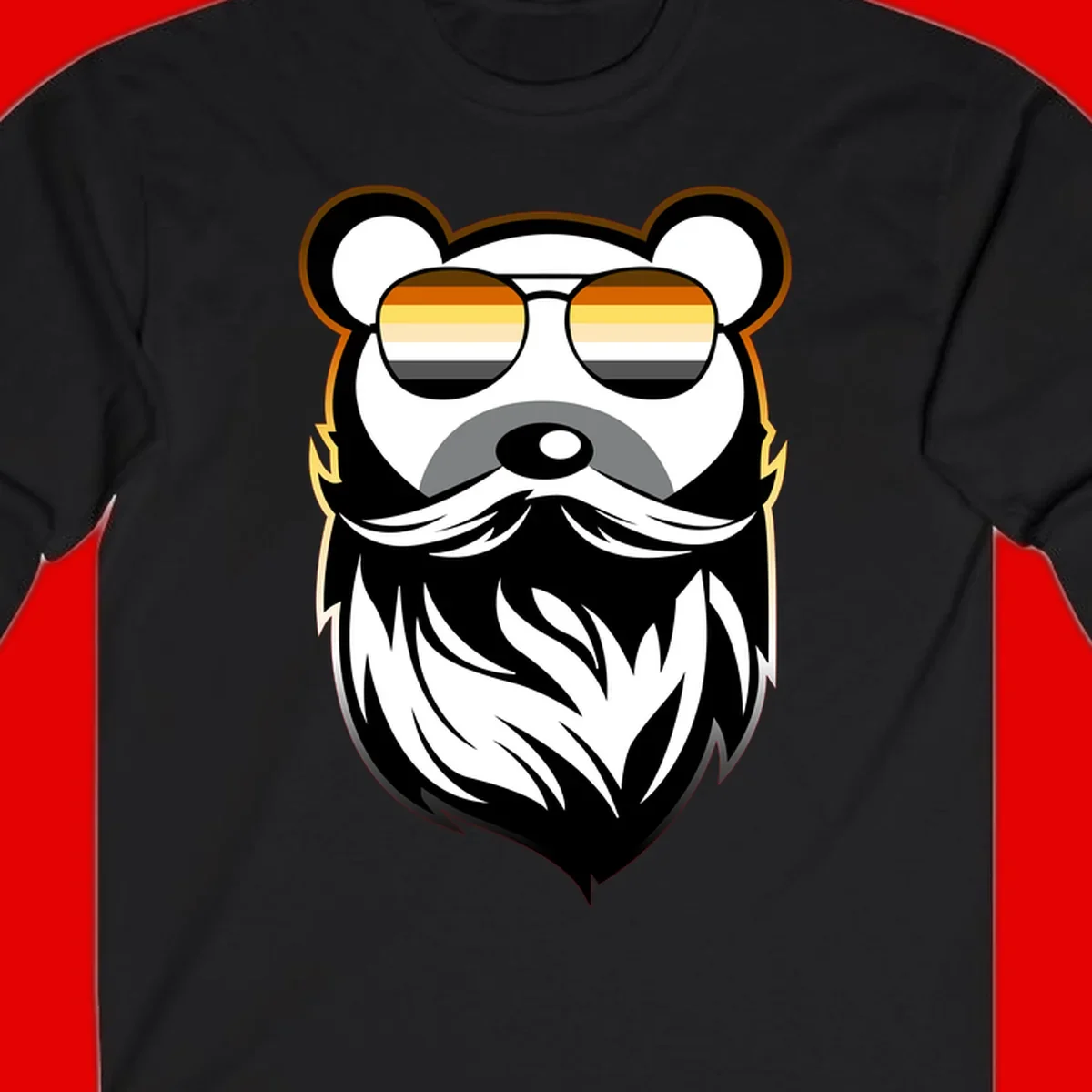 Bear pride sunglasses illustration: a bearded bear character wearing oversized shades filled with pride flag rainbow stripes