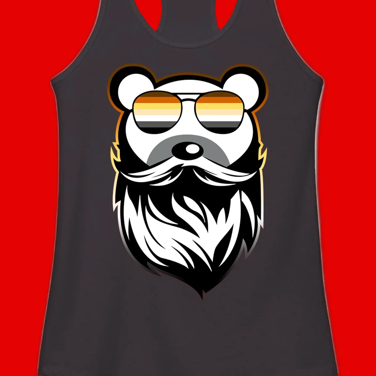 Bear pride sunglasses illustration: a bearded bear character wearing oversized shades filled with pride flag rainbow stripes