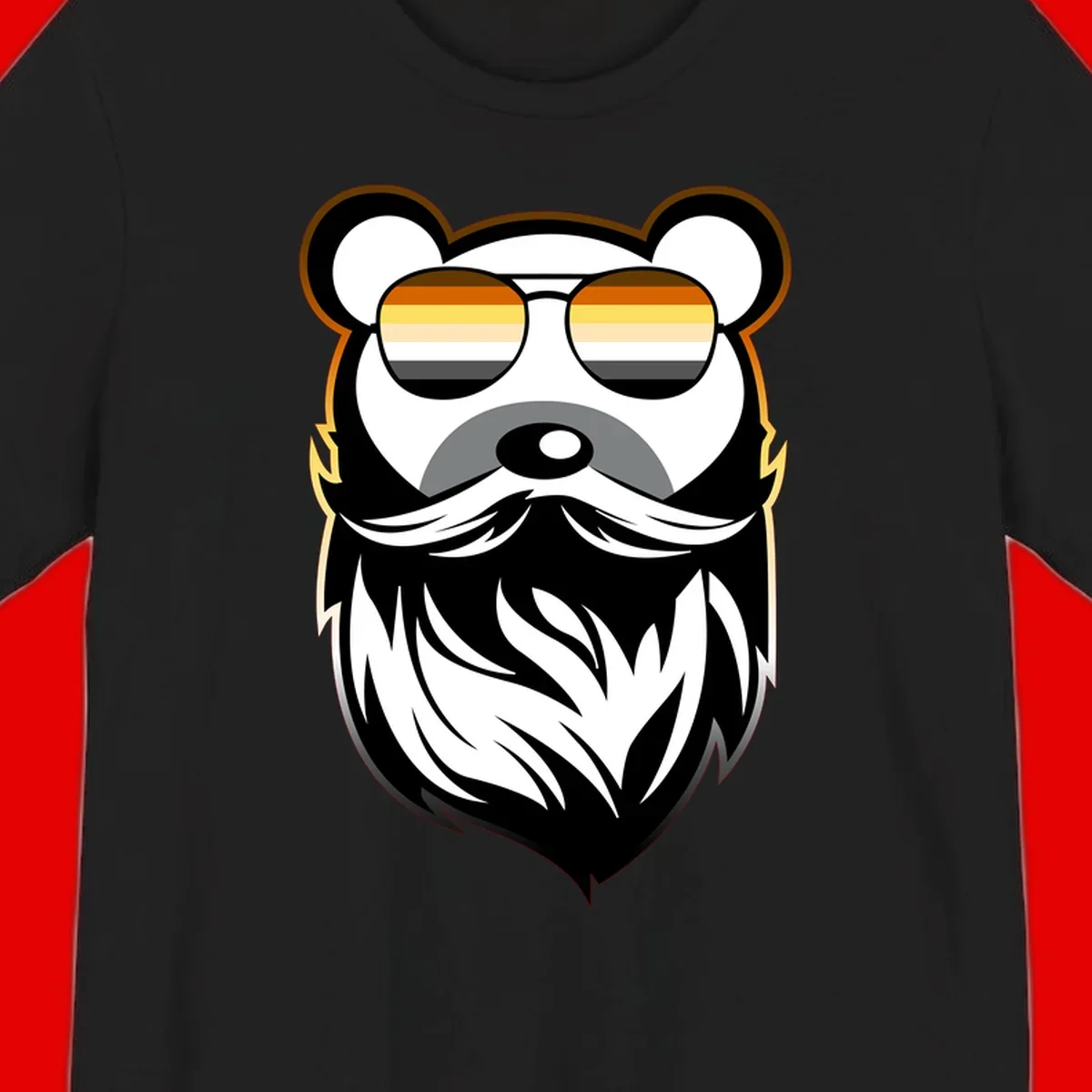 Bear pride sunglasses illustration: a bearded bear character wearing oversized shades filled with pride flag rainbow stripes