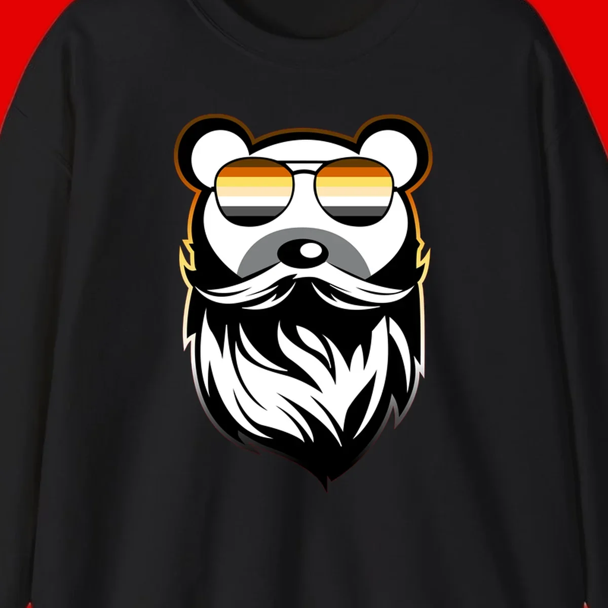 Bear pride sunglasses illustration: a bearded bear character wearing oversized shades filled with pride flag rainbow stripes