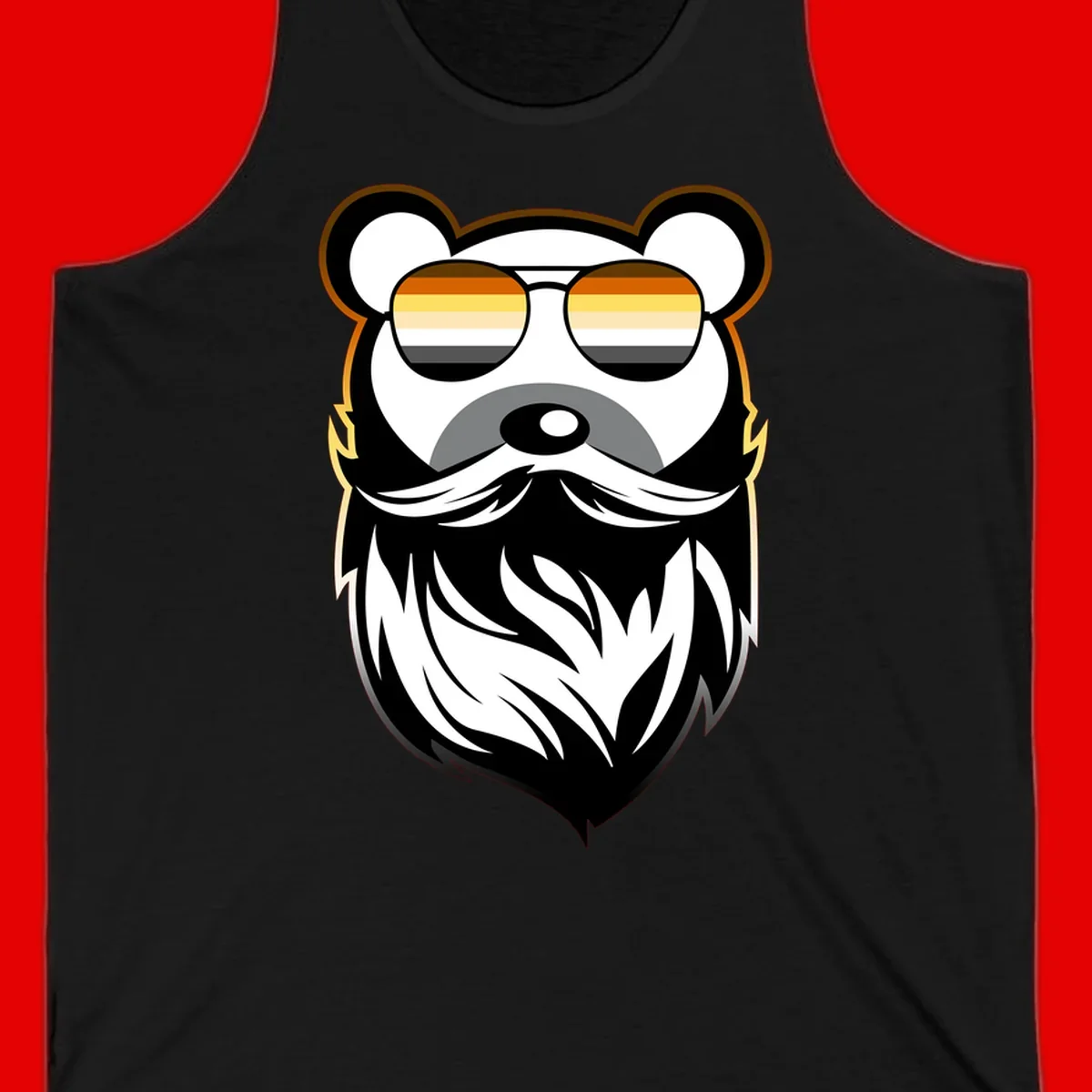 Bear pride sunglasses illustration: a bearded bear character wearing oversized shades filled with pride flag rainbow stripes