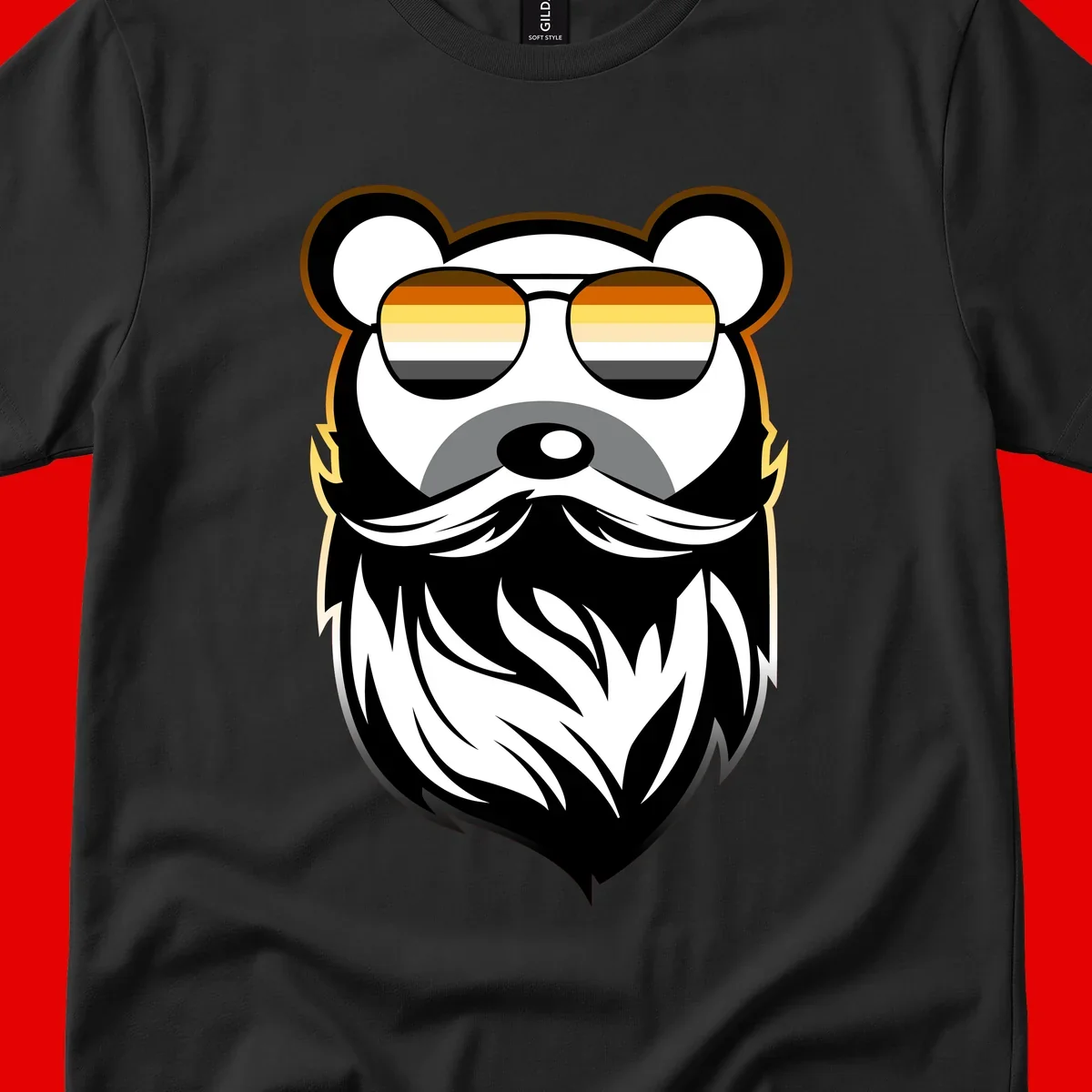 Bear pride sunglasses illustration: a bearded bear character wearing oversized shades filled with pride flag rainbow stripes