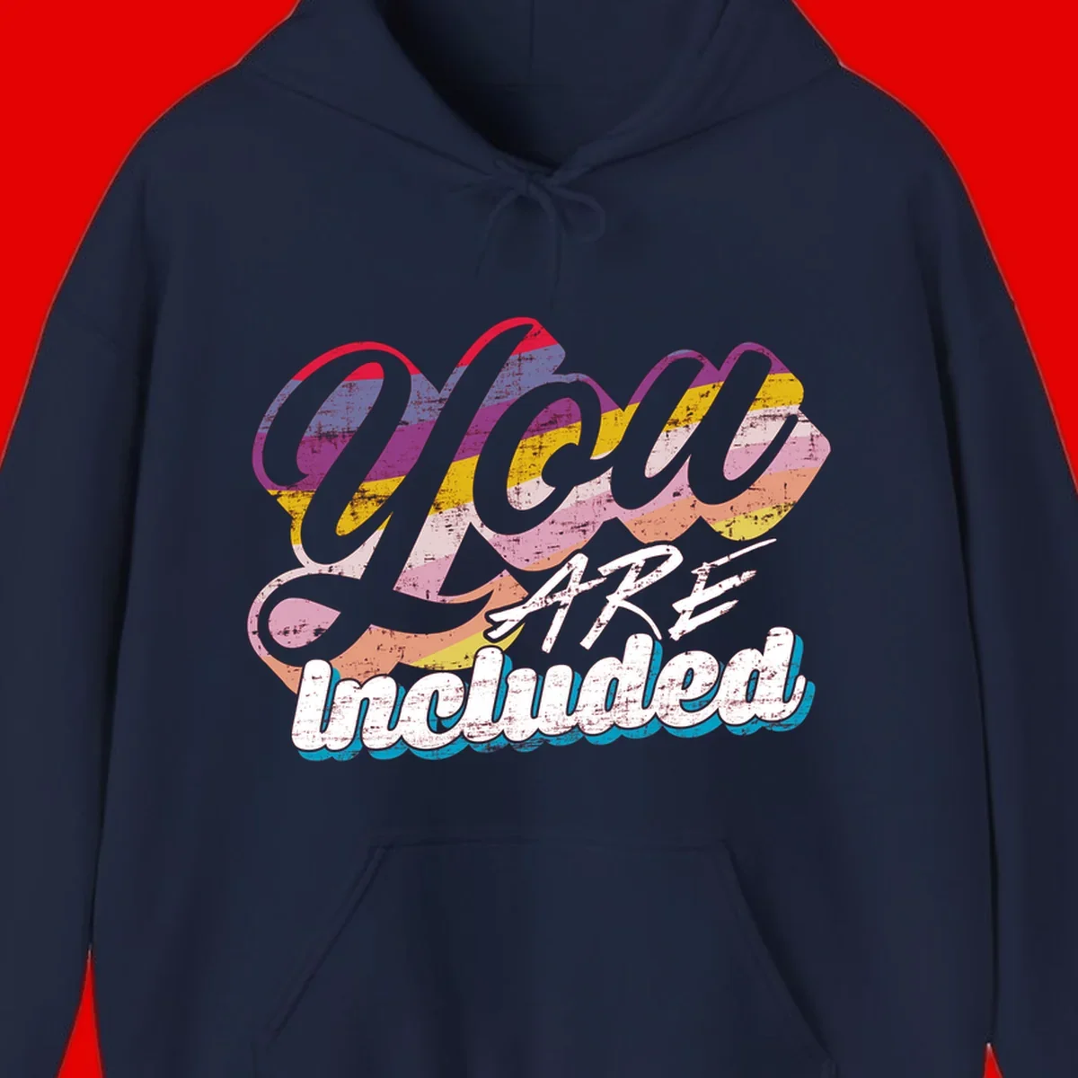 One love unbreakable pride design with rainbow-striped flowing ribbon banner and distressed vintage textures on gray background