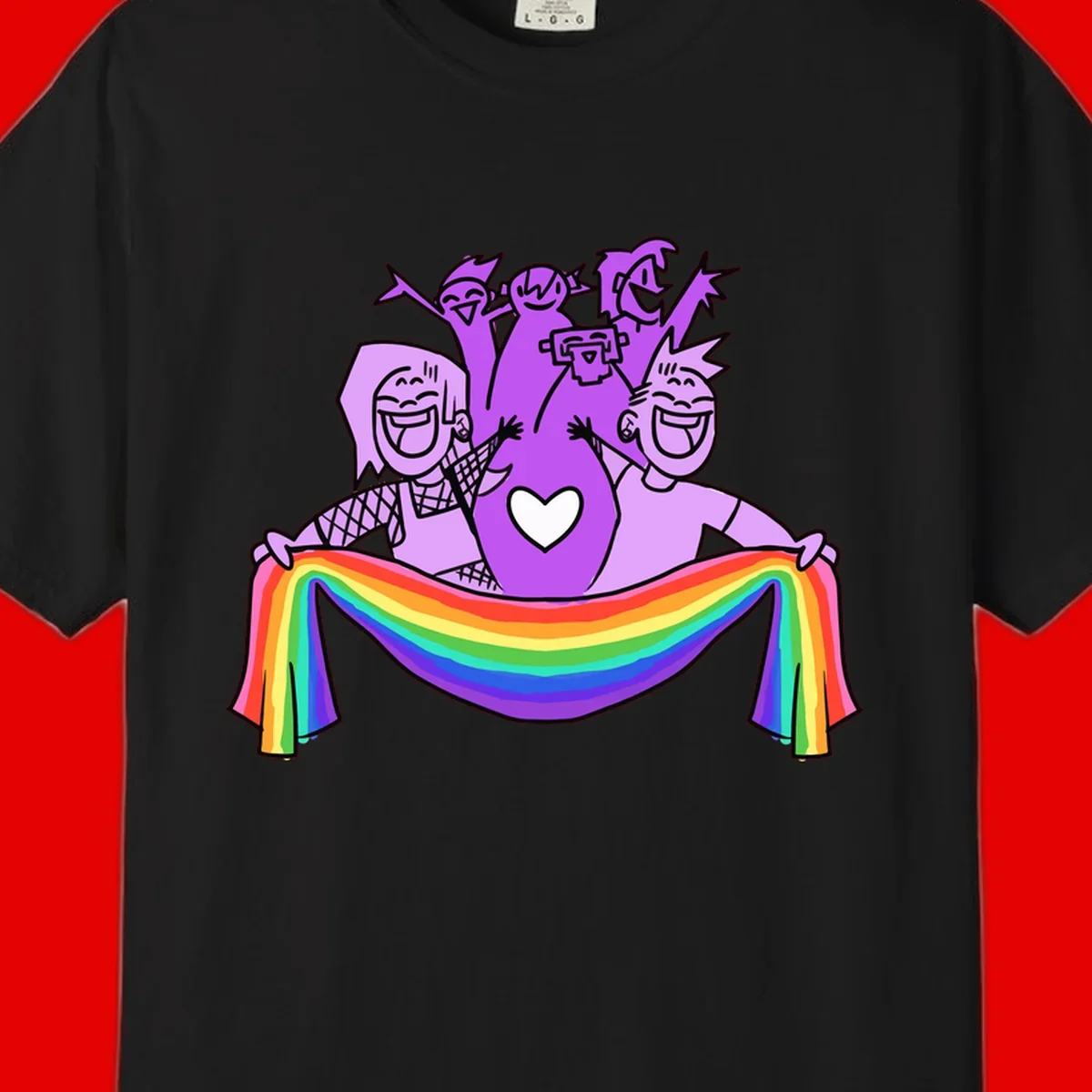 Illustration of diverse smiling people celebrating together with raised arms, holding a rainbow banner and a white heart symbol on a purple background.