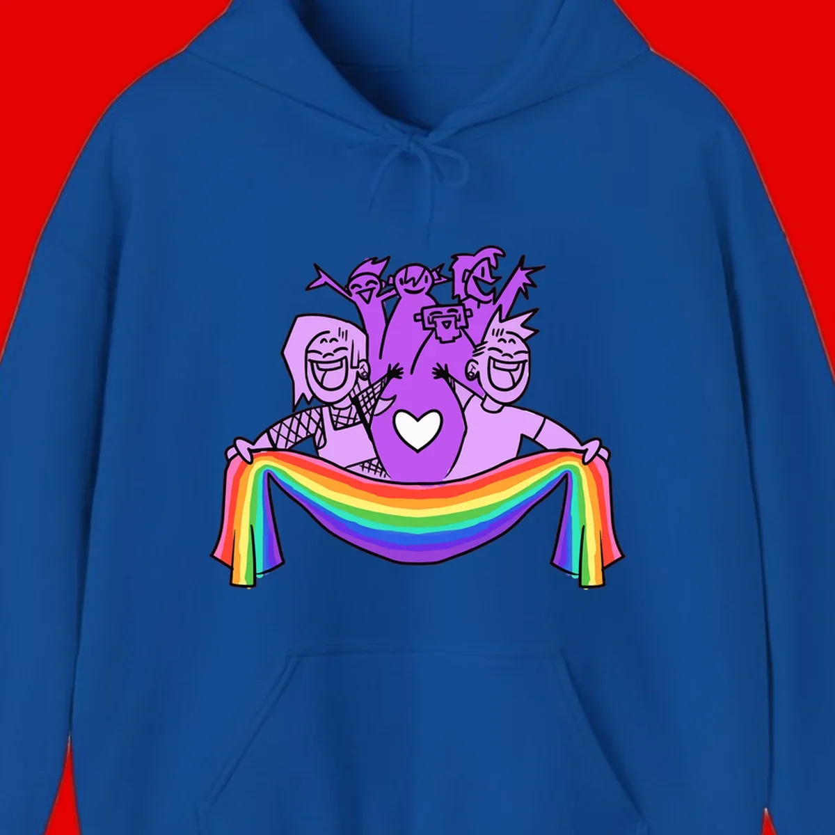 Illustration of diverse smiling people celebrating together with raised arms, holding a rainbow banner and a white heart symbol on a purple background.
