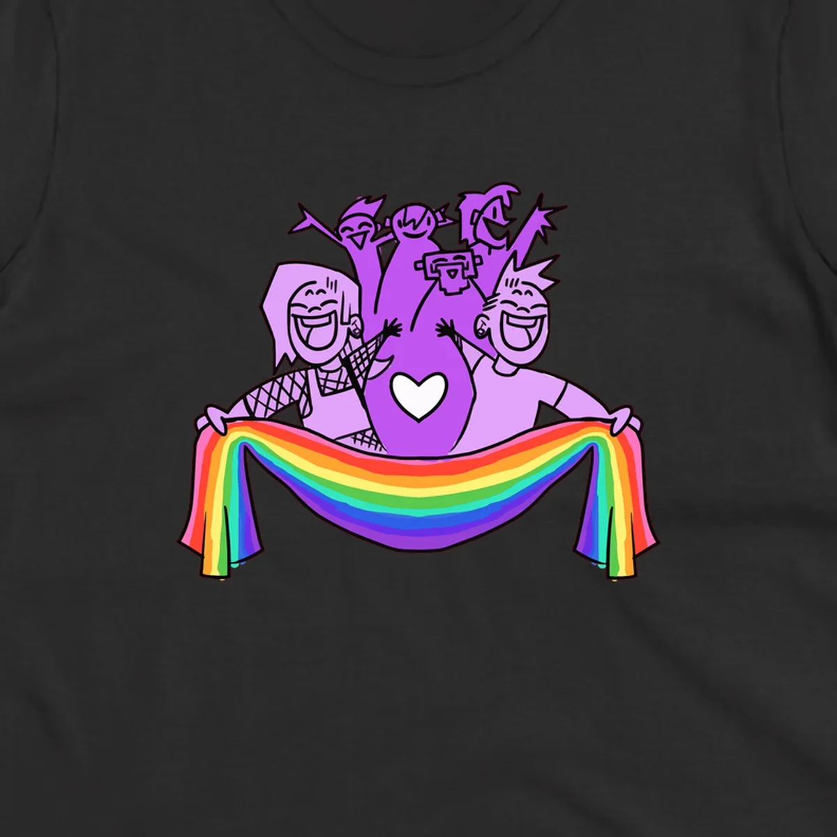 Illustration of diverse smiling people celebrating together with raised arms, holding a rainbow banner and a white heart symbol on a purple background.