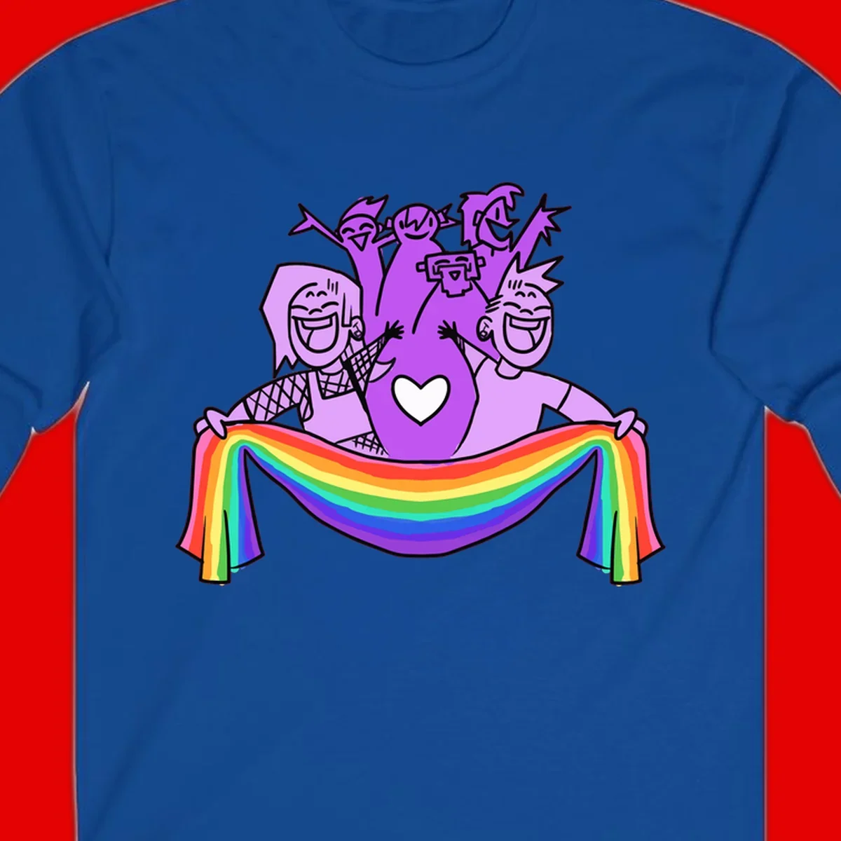 Illustration of diverse smiling people celebrating together with raised arms, holding a rainbow banner and a white heart symbol on a purple background.
