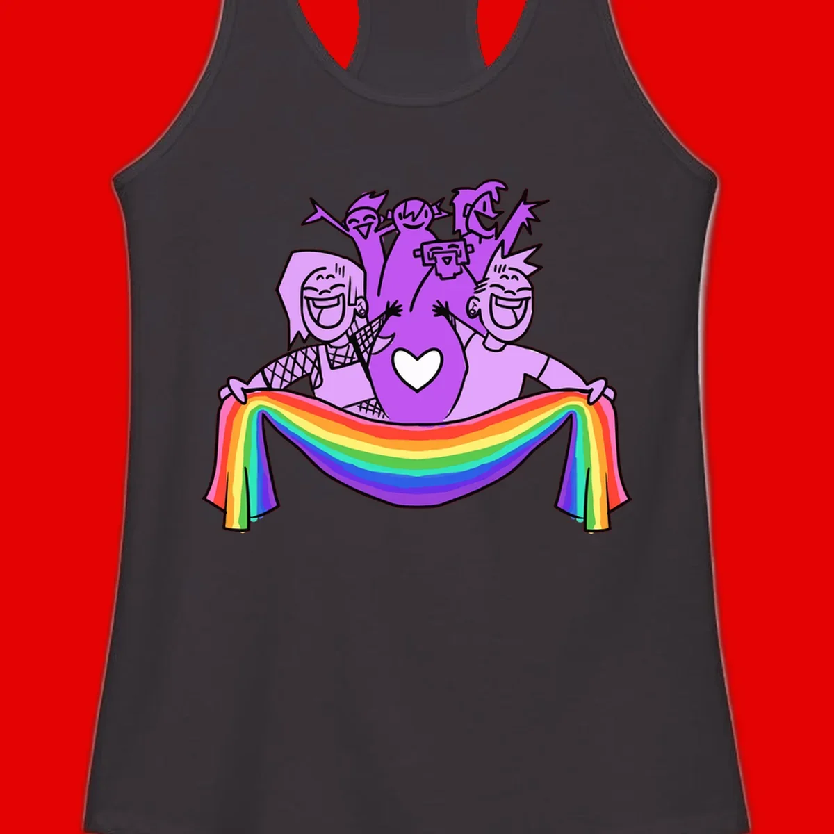 Illustration of diverse smiling people celebrating together with raised arms, holding a rainbow banner and a white heart symbol on a purple background.