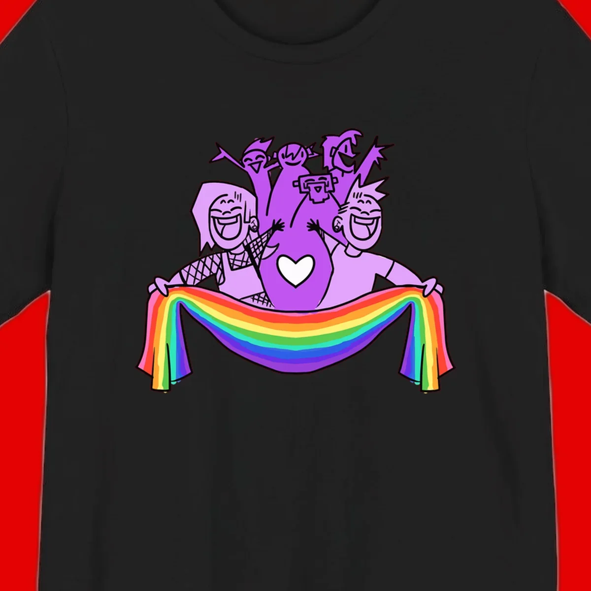 Illustration of diverse smiling people celebrating together with raised arms, holding a rainbow banner and a white heart symbol on a purple background.