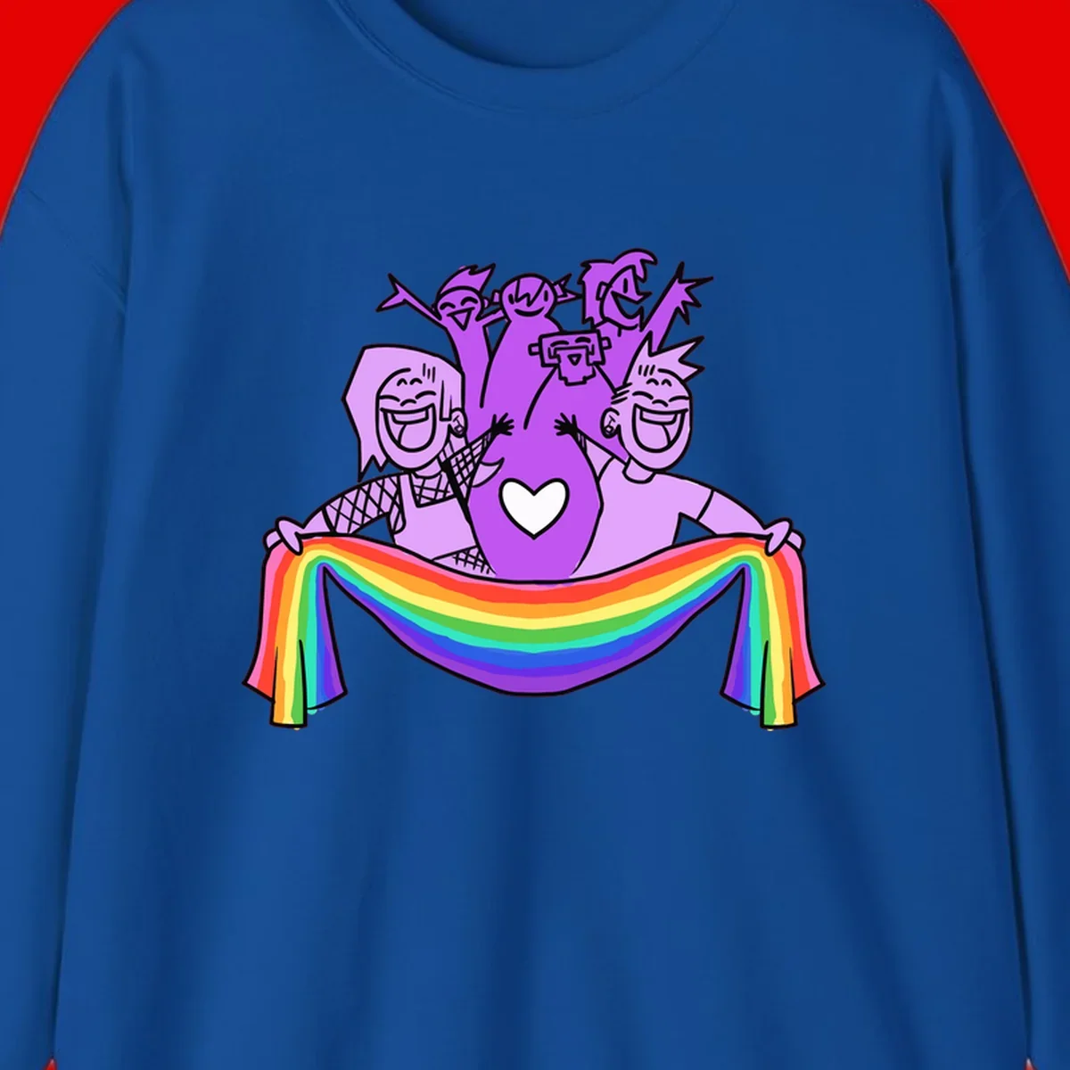 Illustration of diverse smiling people celebrating together with raised arms, holding a rainbow banner and a white heart symbol on a purple background.