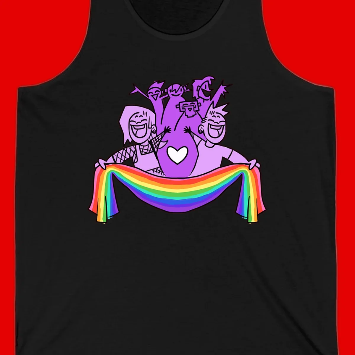 Illustration of diverse smiling people celebrating together with raised arms, holding a rainbow banner and a white heart symbol on a purple background.