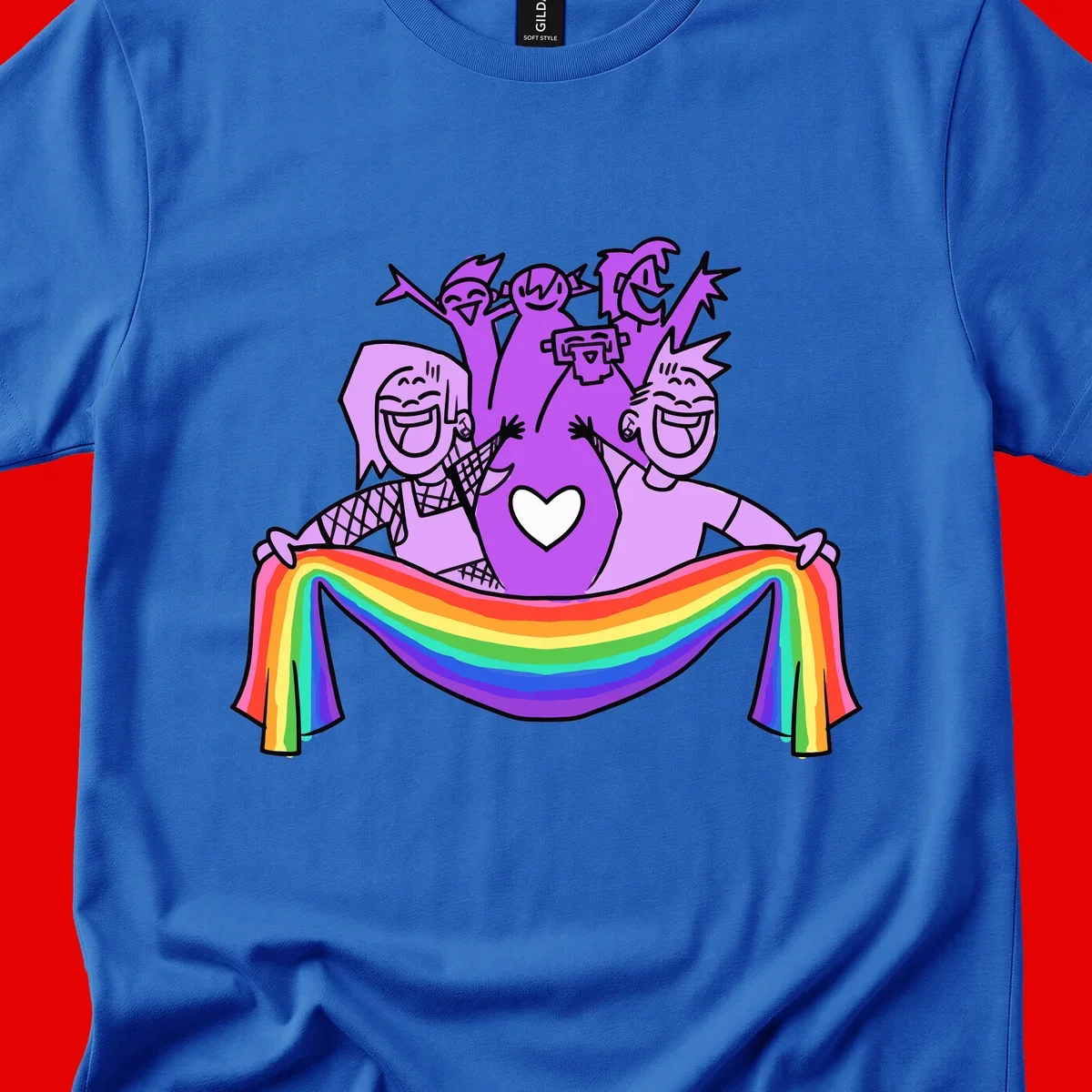 Illustration of diverse smiling people celebrating together with raised arms, holding a rainbow banner and a white heart symbol on a purple background.
