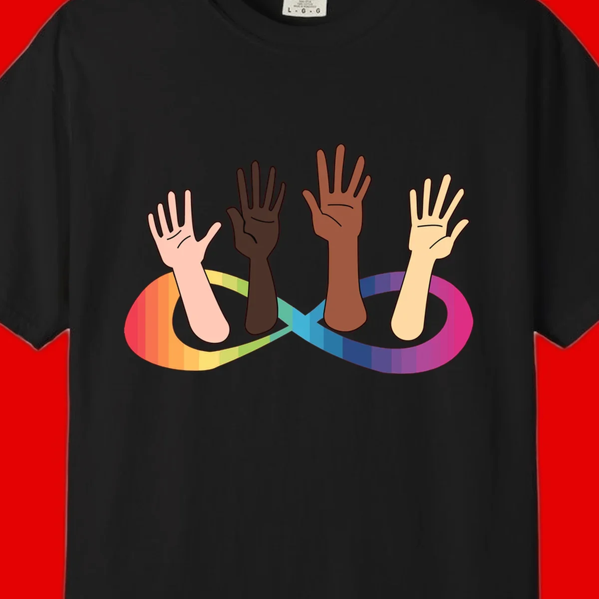 Five diverse raised hands with different skin tones emerging from a circular rainbow pride flag gradient, symbolizing unity and LGBTQ+ pride.