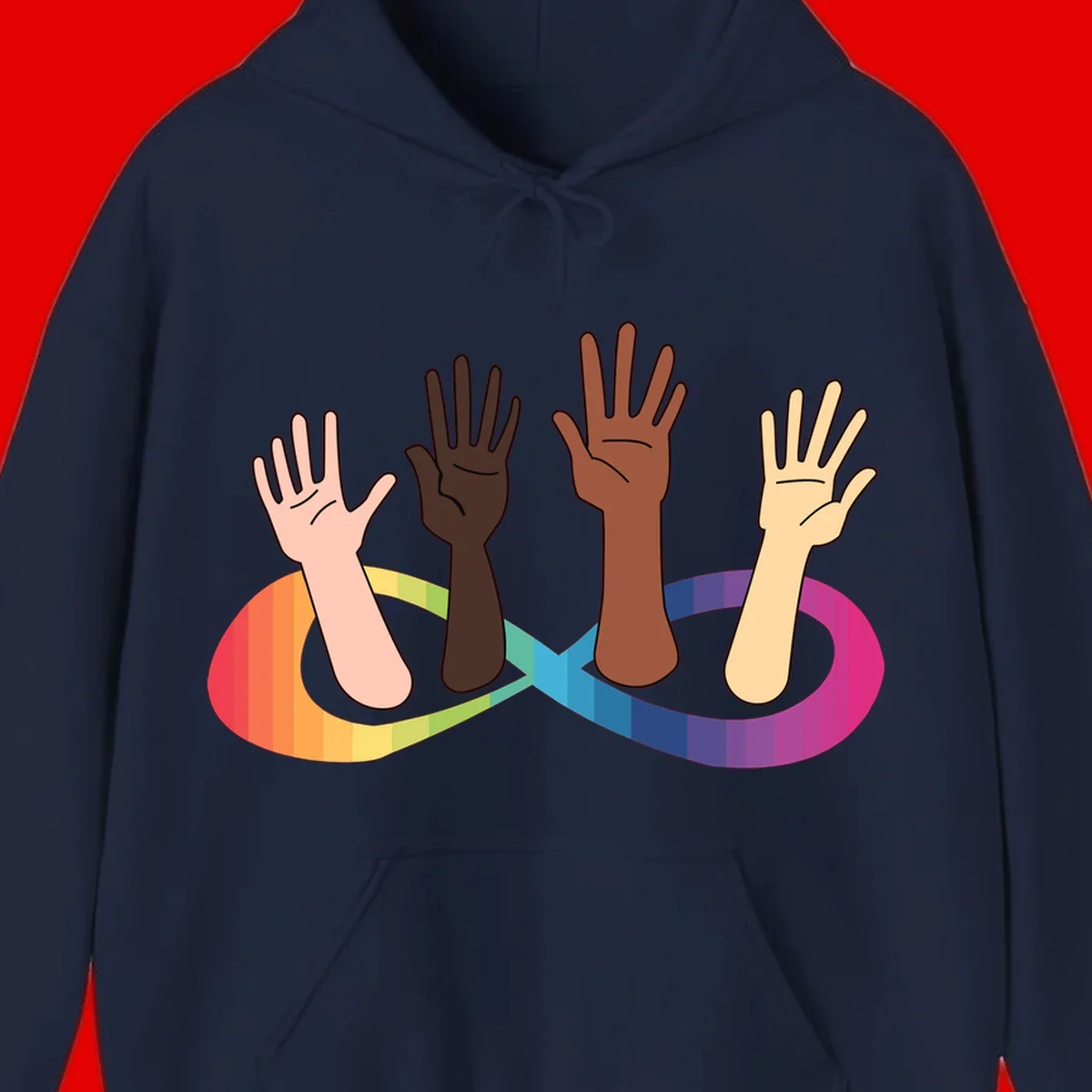 Five diverse raised hands with different skin tones emerging from a circular rainbow pride flag gradient, symbolizing unity and LGBTQ+ pride.
