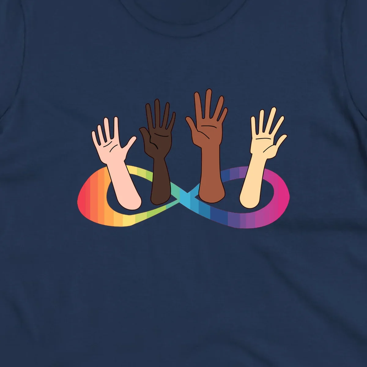 Five diverse raised hands with different skin tones emerging from a circular rainbow pride flag gradient, symbolizing unity and LGBTQ+ pride.