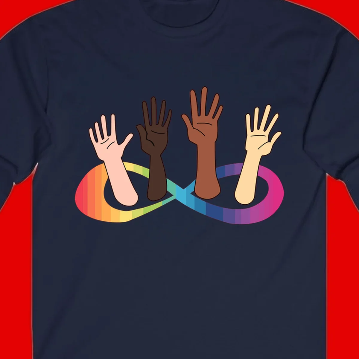 Five diverse raised hands with different skin tones emerging from a circular rainbow pride flag gradient, symbolizing unity and LGBTQ+ pride.